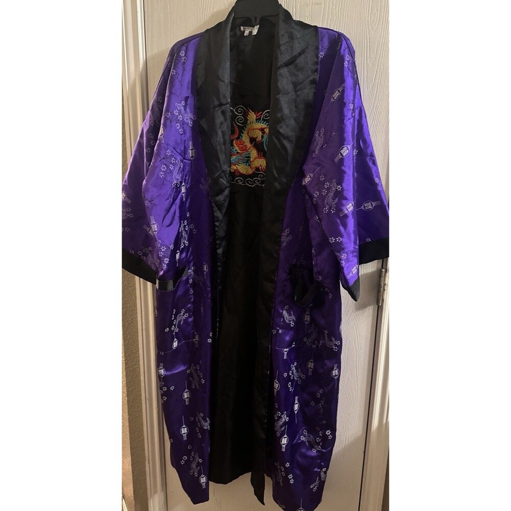 **NO BELT** Satin Reversible Jacket "Kimono" Asian Embroidered Dragon XL Purple